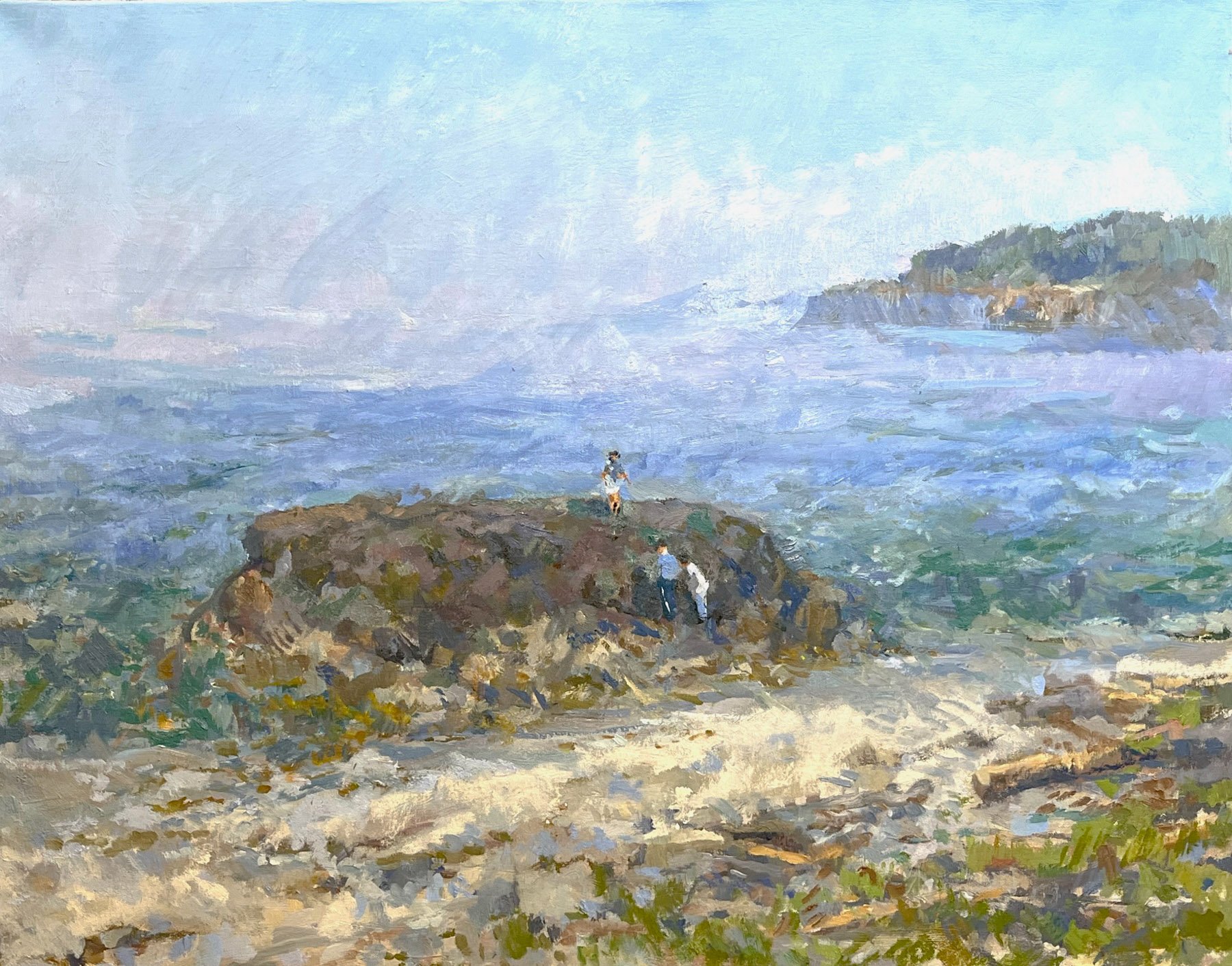 People on rock at Deception Pass, Oil on linen, 19 x 23 inches, copyright 2024