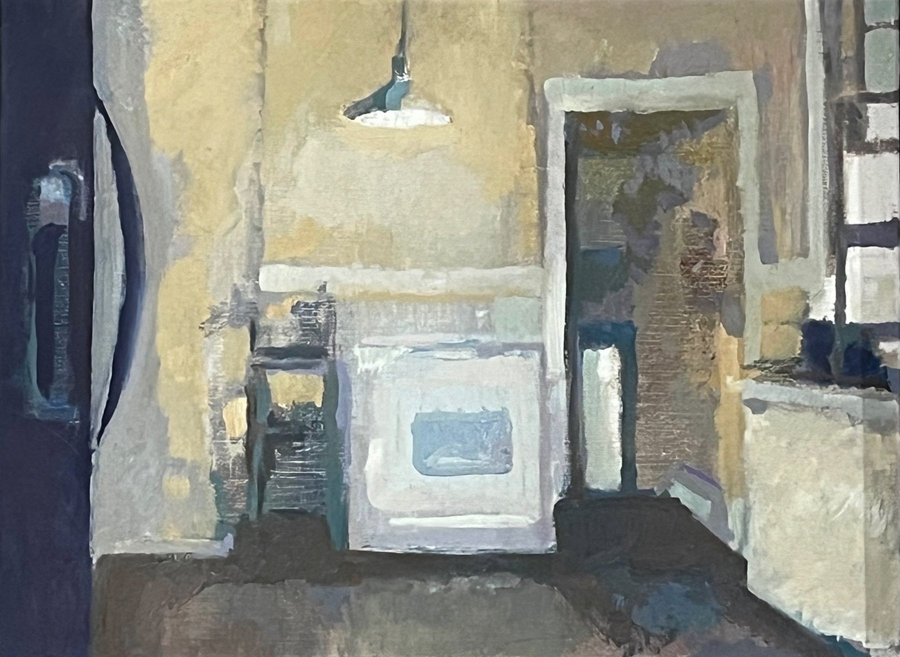University Kitchen, oil on linen, 14 x 15 inches, copyright 2024, Private collection 
