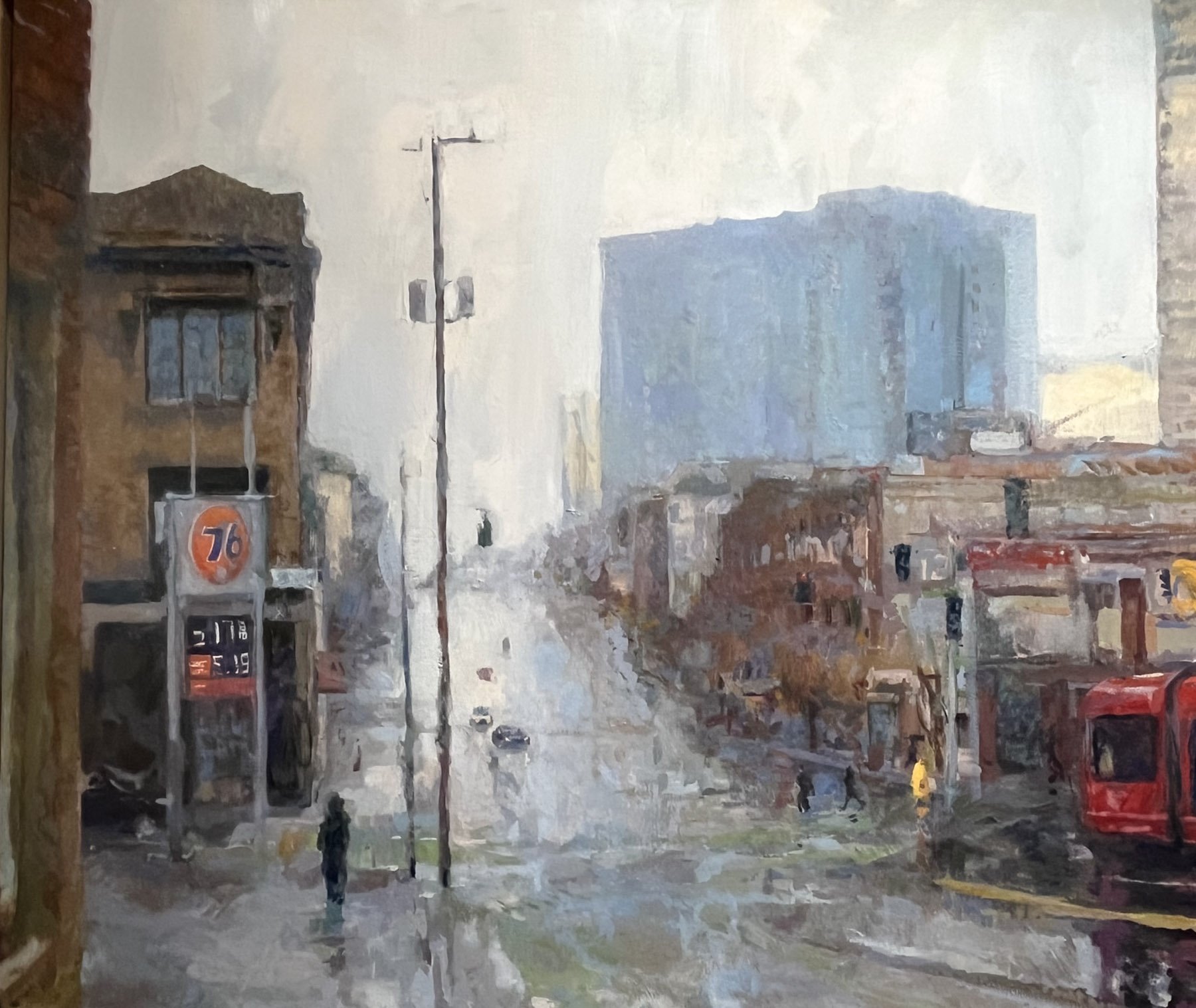 Broadway and Pike in the Rain, 32 x33, Oil on linen, copyright 2024, Private collection